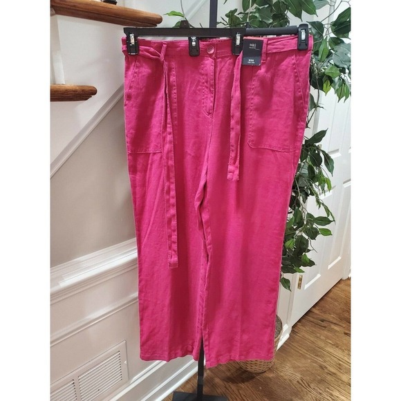 M&S Collection Women Pink 100% Linen Mid Rise Pull On Wide Legs Regular Pants 18 - Picture 1 of 12